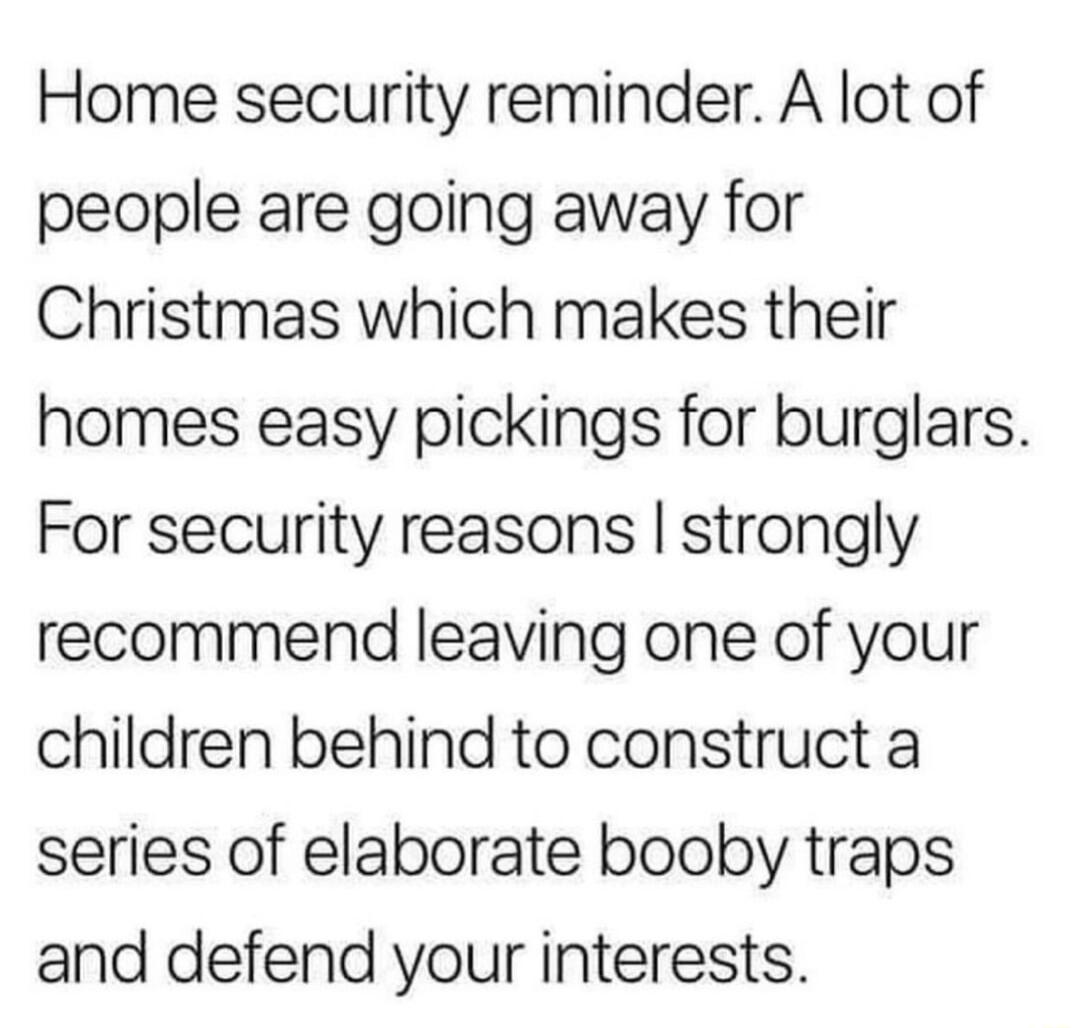 Home security reminder A lot of people are going away for Christmas which makes their homes easy pickings for burglars For security reasons strongly recommend leaving one of your children behind to construct a series of elaborate booby traps and defend your interests