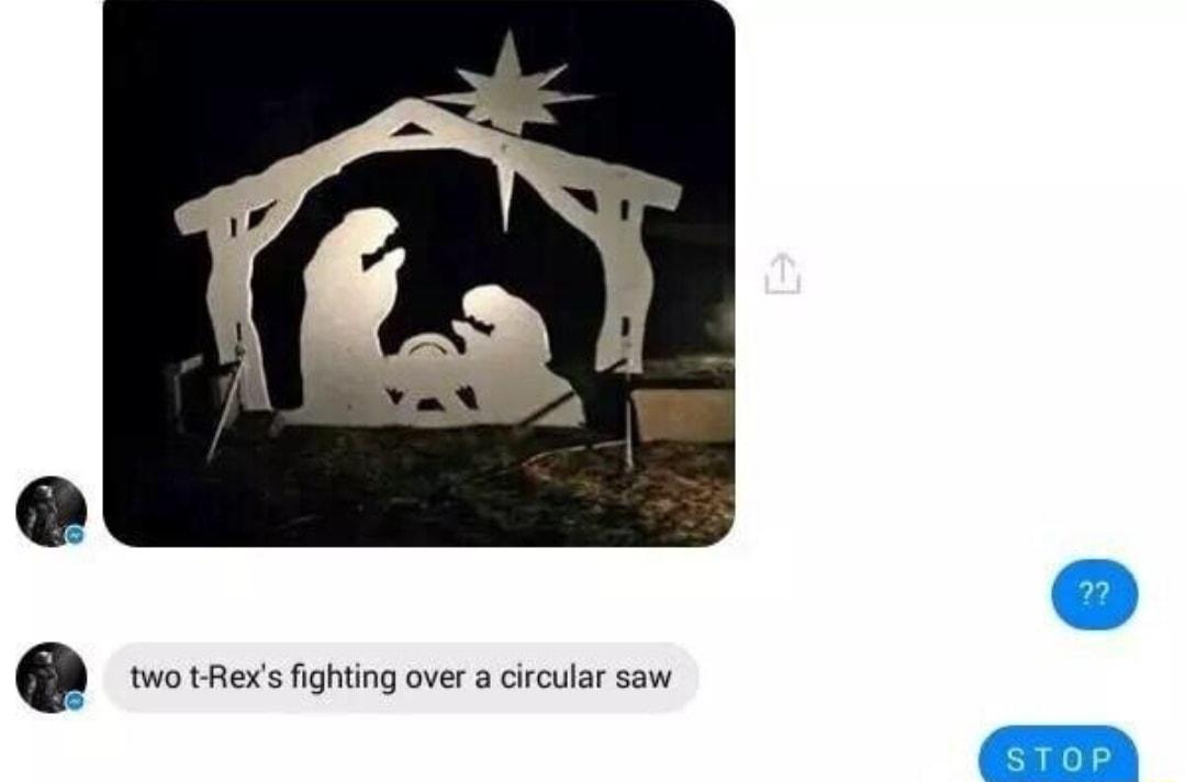 two tRexs fighting over a circular saw