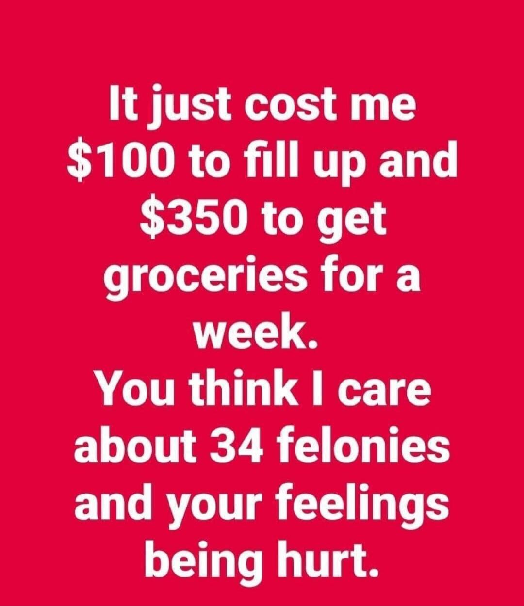 It just cost me $100 to fill up and $350 to get groceries for a week. You think I care about 34 felonies and your feelings being hurt.