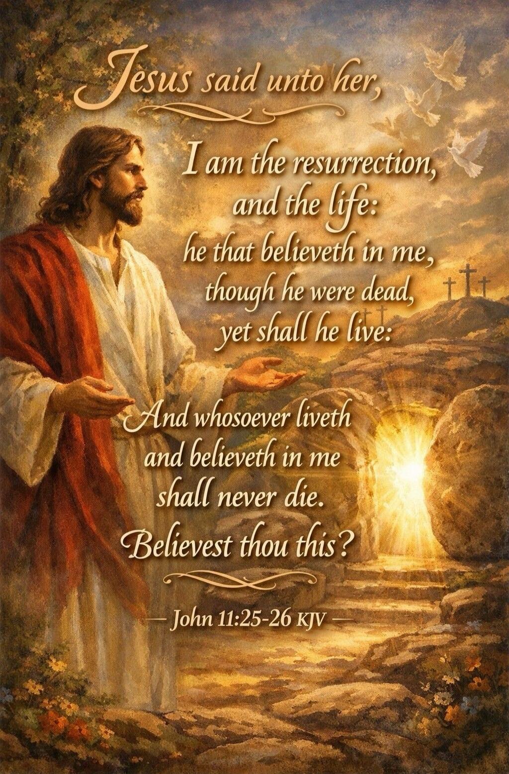 Jesus said unto her, I am the resurrection, and the life: he that believeth in me, though he were dead, yet shall he live: And whosoever liveth and believeth in me shall never die. Believest thou this? - John 11:25-26 KJV