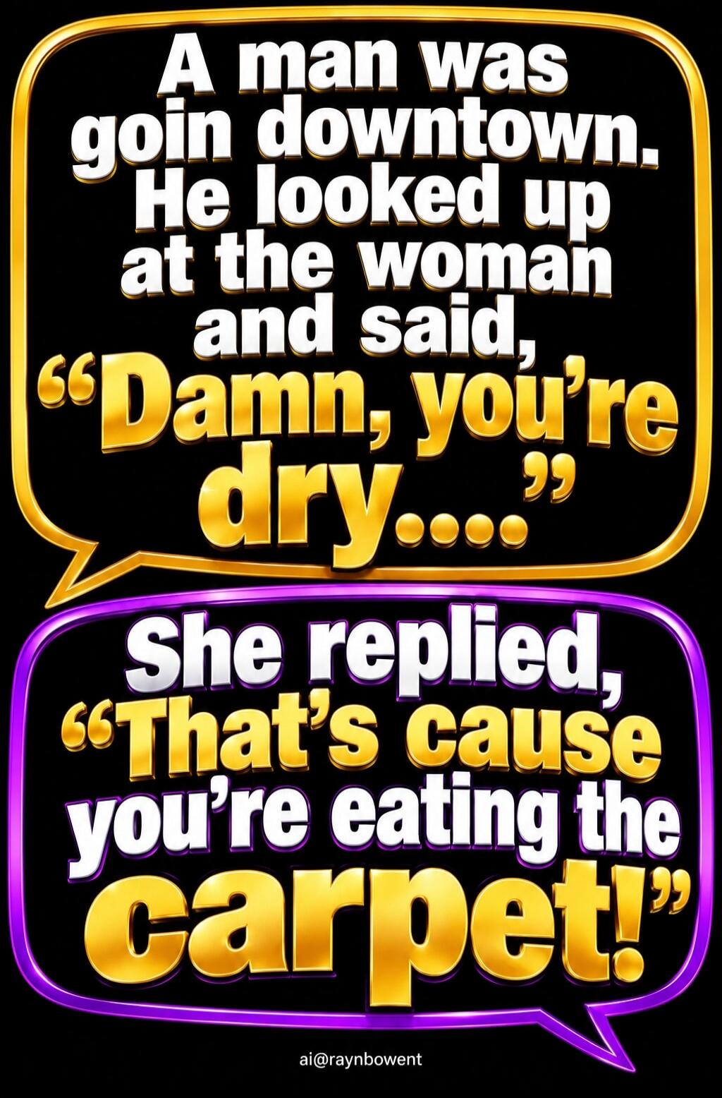 A man was goin downtown. He looked up at the woman and said, Damn, you're dry.... She replied, That's cause you're eating the carpet!