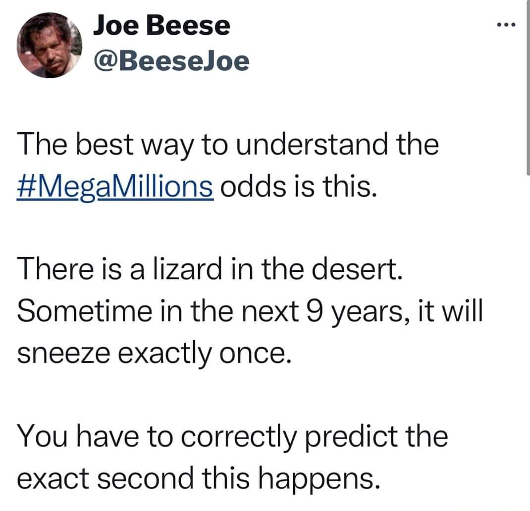 Joe Beese Beeseloe The best way to understand the MegaMillions odds is this There is a lizard in the desert Sometime in the next 9 years it will sneeze exactly once You have to correctly predict the exact second this happens