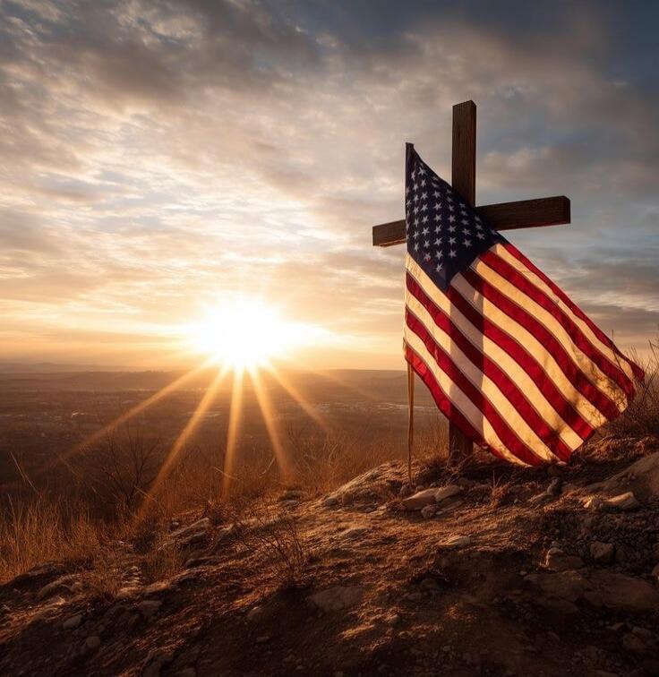 A wooden cross draped with an American flag on a hill at sunset