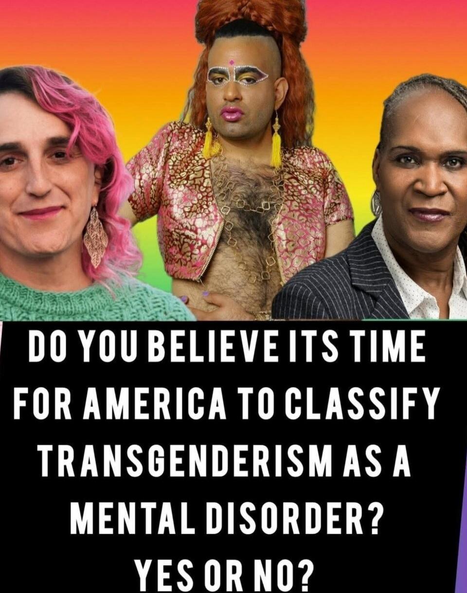 DO YOU BELIEVE ITS TIME FOR AMERICA TO CLASSIFY TRANSGENDERISM AS A MENTAL DISORDER? YES OR NO?