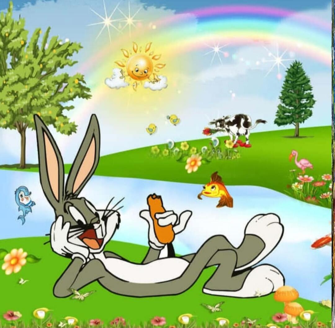 Bugs Bunny lying on the grass by a river, cartoon sun shining, rainbow in the sky, cheerful characters in the background.