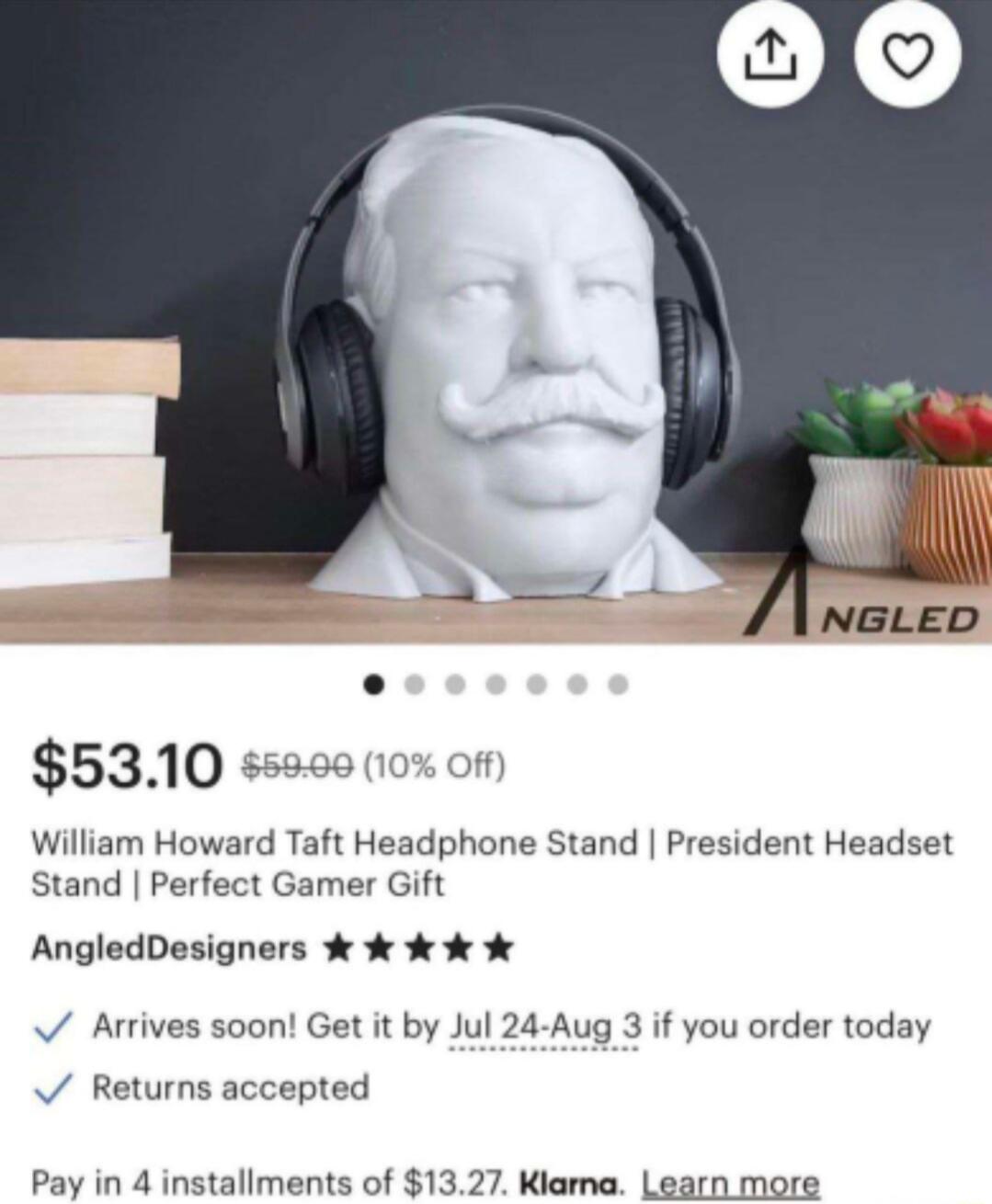 5310 ssece 10 William Howard Taft Headphone Stand President Headset Stand Perfect Gamer Gift AngledDesigners s J s Arrives soon Get it by Jul 24 Aug 3 if you order today Returns accepted Pay in 4 installments of 1327 Klama Learn more
