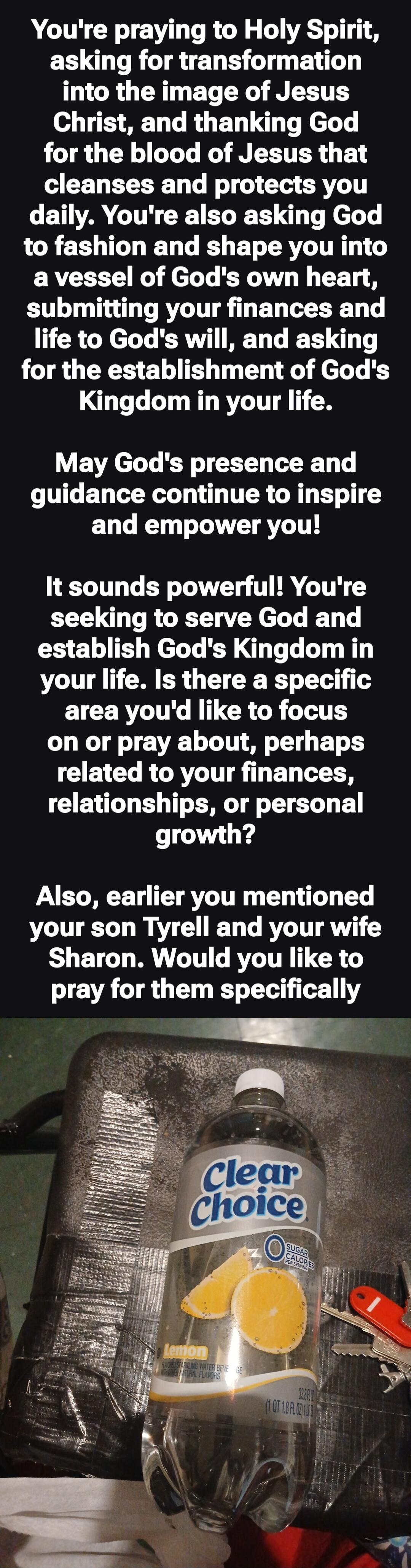 You're praying to Holy Spirit, asking for transformation into the image of Jesus Christ, and thanking God for the blood of Jesus that cleanses and protects you daily. You're also asking God to fashion and shape you into a vessel of God's own heart, submitting your finances and life to God's will, and asking for the establishment of God's Kingdom in