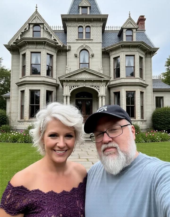A smiling couple takes a selfie in front of a large, ornate house with a well-maintained garden.