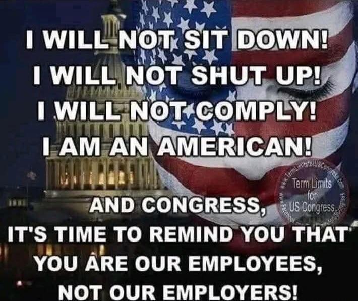 I WILL NOT SIT DOWN! I WILL NOT SHUT UP! I WILL NOT COMPLY! I AM AN AMERICAN! AND CONGRESS, IT'S TIME TO REMIND YOU THAT YOU ARE OUR EMPLOYEES, NOT OUR EMPLOYERS!