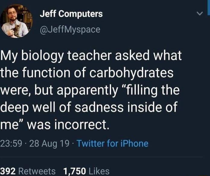 v Jeff Computers a ORI ELE My biology teacher asked what the function of carbohydrates were but apparently filling the deep well of sadness inside of me was incorrect 2359 28 Aug 19 Twitter for iPhone 392 Retweets 1750 Likes