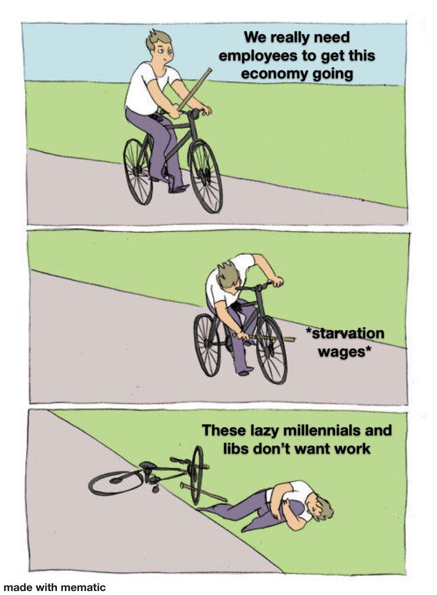 We realiy need 7 employees to get this economy going e These lazy millennials and a libs dont want work 1 made with mematic