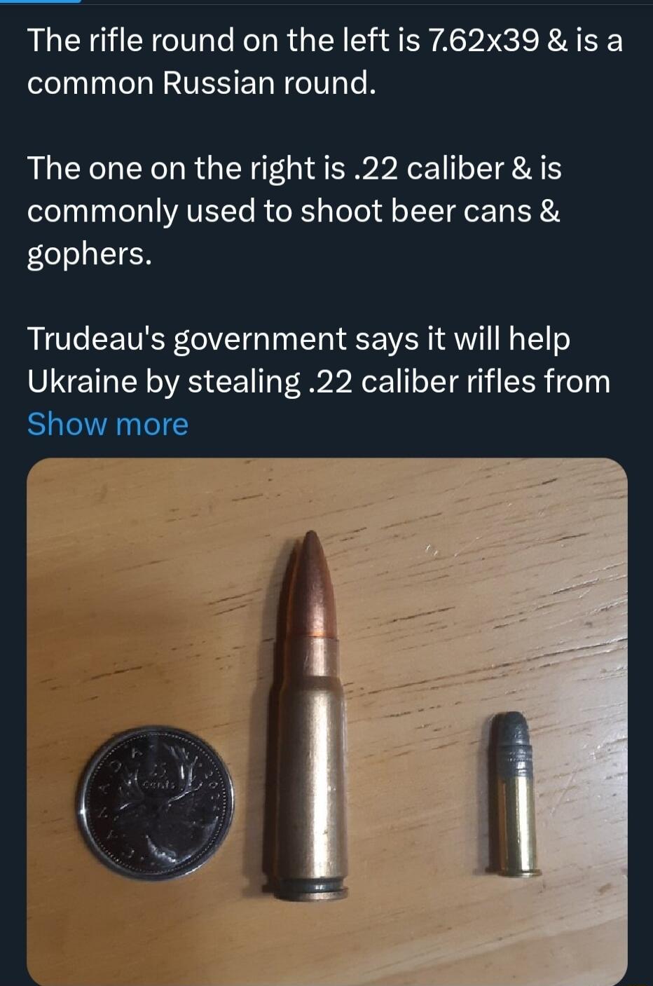 The rifle round on the left is 762x39 is a common Russian round The one on the right is 22 caliber is T 0 a o Ta1AVETTo KU R ToTol l oTTTl 2T R A gophers Trudeaus government says it will help Ukraine by stealing 22 caliber rifles from Show more