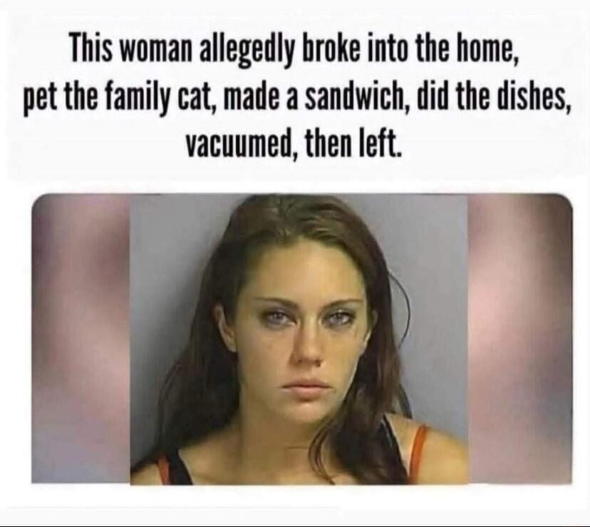 This woman allegedly broke into the home, pet the family cat, made a sandwich, did the dishes, vacuumed, then left.