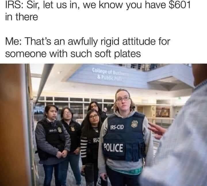 IRS Sir let us in we know you have 601 in there Me Thats an awfully rigid attitude for someone with such soft plates