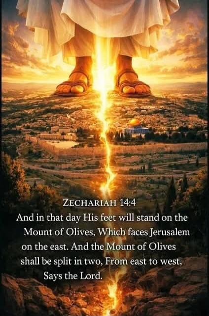 ZECHARIAH 14:4 And in that day His feet will stand on the Mount of Olives, Which faces Jerusalem on the east. And the Mount of Olives shall be split in two, From east to west, Says the Lord.