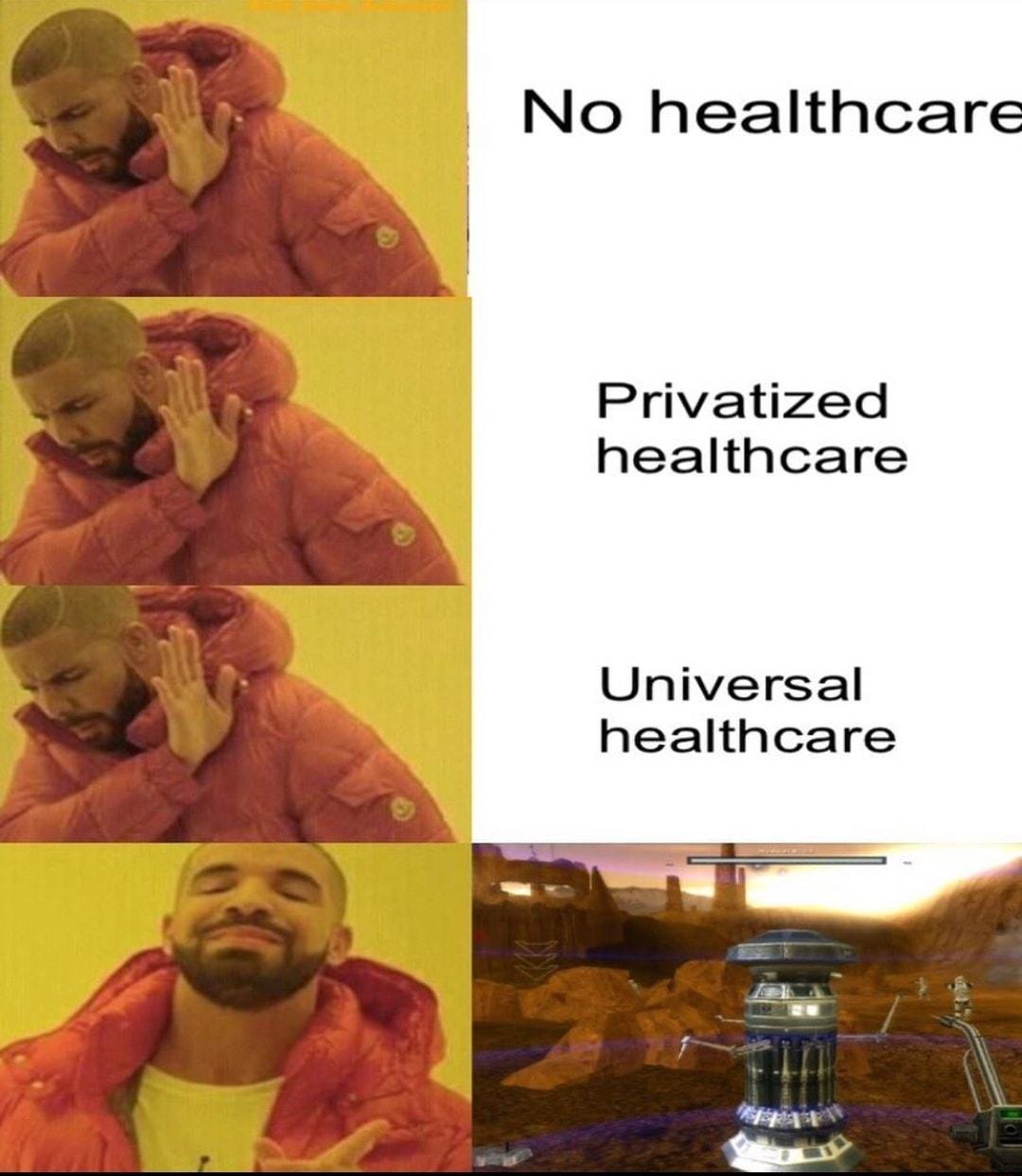 No healthcare Privatized healthcare Universal healthcare