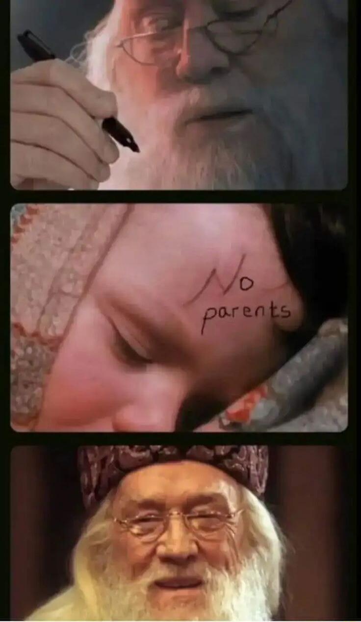 Dumbledore holds a marker, then a child is shown sleeping with 'No parents' written on their forehead, followed by Dumbledore smiling.
