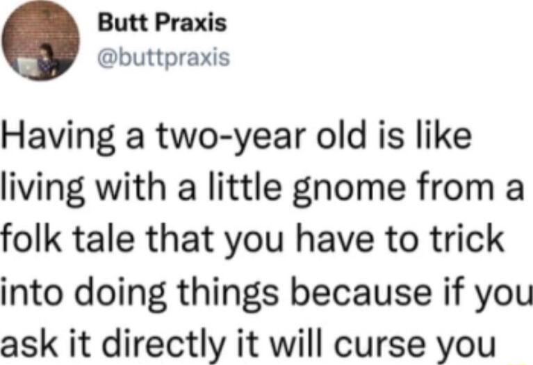 Butt Praxis buttpraxis Having a two year old is like living with a little gnome from a folk tale that you have to trick into doing things because if you ask it directly it will curse you