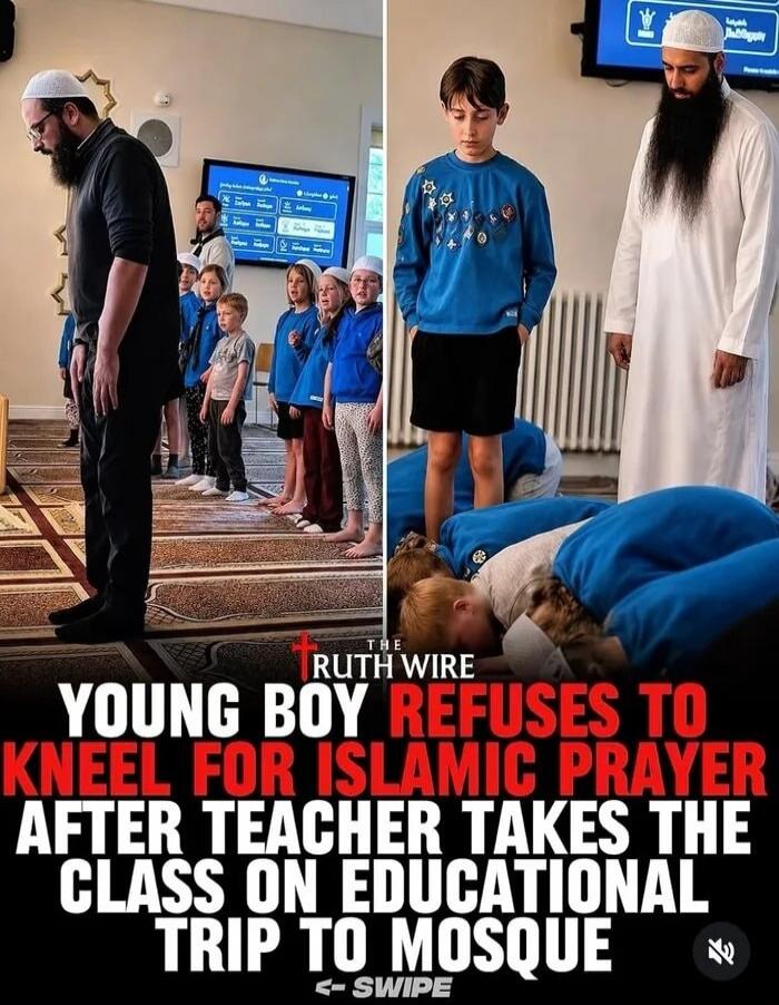 THE RUTH WIRE YOUNG BOY REFUSES TO KNEEL FOR ISLAMIC PRAYER AFTER TEACHER TAKES THE CLASS ON EDUCATIONAL TRIP TO MOSQUE. The image shows a group of children and adults in a mosque, with some kneeling in prayer and one boy standing upright.