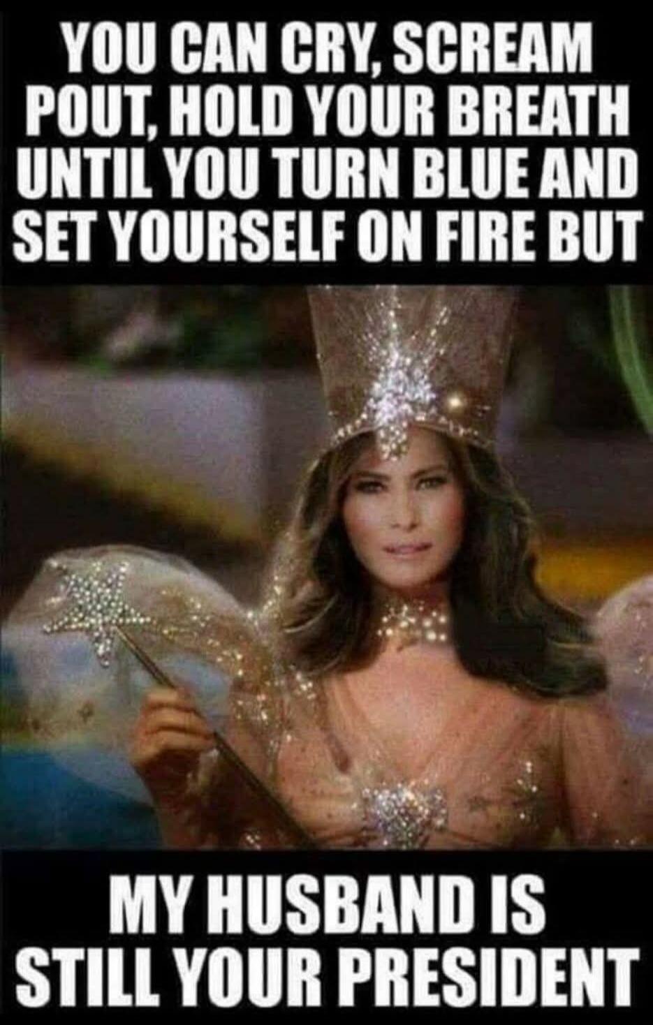 YOU CAN CRY, SCREAM POUT, HOLD YOUR BREATH UNTIL YOU TURN BLUE AND SET YOURSELF ON FIRE BUT MY HUSBAND IS STILL YOUR PRESIDENT