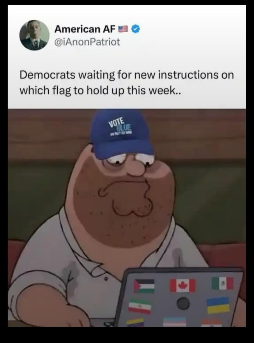 American AF @iAnonPatriot Democrats waiting for new instructions on which flag to hold up this week.. VOTE BLUE