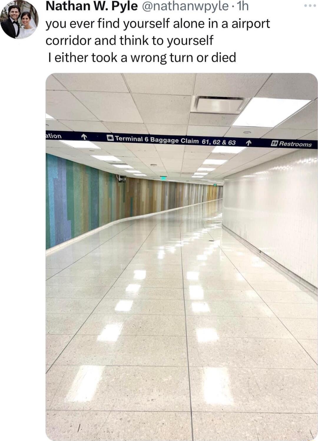 Nathan W Pyle nathanwpyle 1h you ever find yourself alone in a airport corridor and think to yourself either took a wrong turn or died
