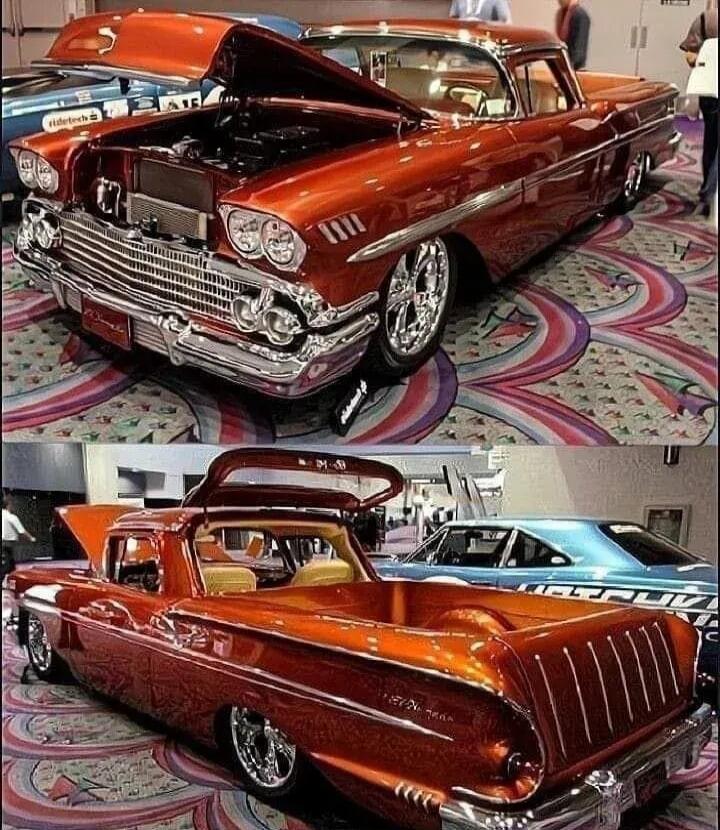 Two custom classic cars are displayed at an indoor event. The top image shows the front of an orange-brown car with its hood open, revealing the engine. The bottom image shows the rear-side view of a similar car, possibly the same one, with its trunk lid open in a unique way. Text visible includes 'Ridetech' and 'METAL'.