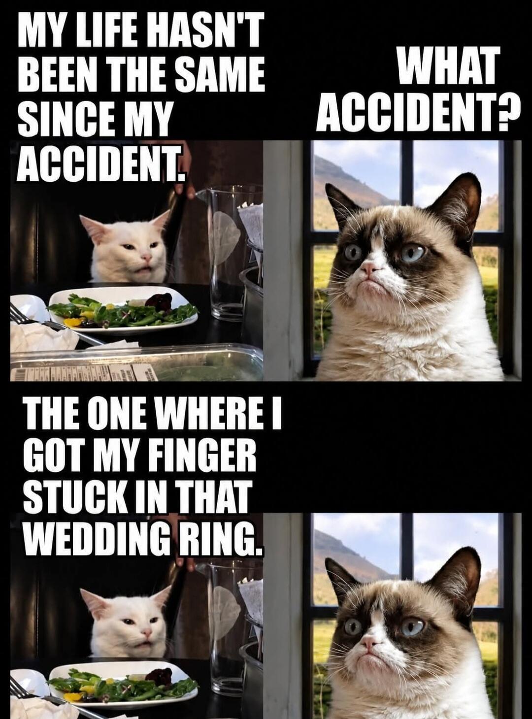 MY LIFE HASN'T BEEN THE SAME SINCE MY ACCIDENT. WHAT ACCIDENT? THE ONE WHERE I GOT MY FINGER STUCK IN THAT WEDDING RING.