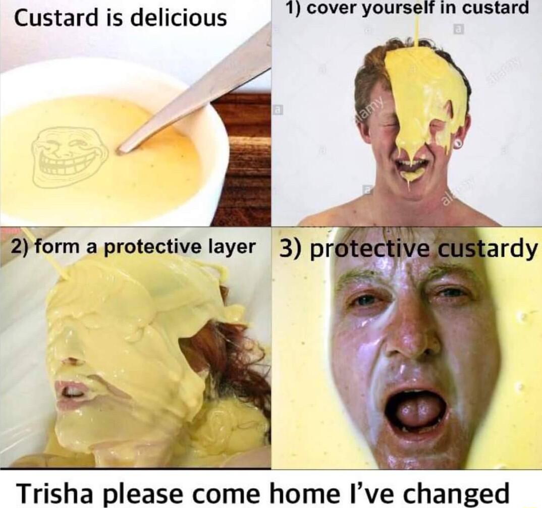 Custard is delicious 1 cover yourself in custard 2form a protective layer 3 pro Trisha please come home Ive changed