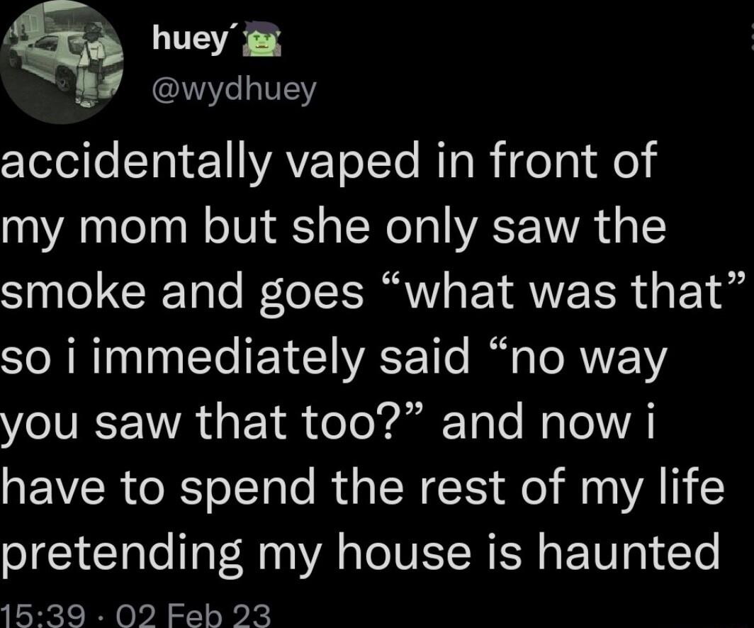 huey B9 wydhuey cloleile T 21 WAYETolTo RTaRiTela ol my mom but she only saw the smoke and goes what was that so i immediately said no way VoW WR 1 oTo Yasl Tole Moo VA QENVERRTol ale Ry N I ol M WATI pretending my house is haunted 1539 02 Feh 23