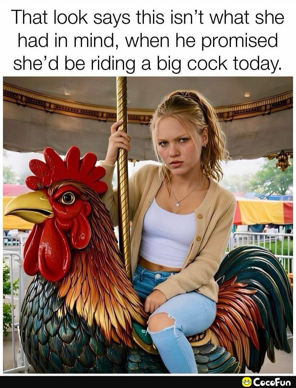 That look says this isn't what she had in mind, when he promised she'd be riding a big cock today. CocoFun