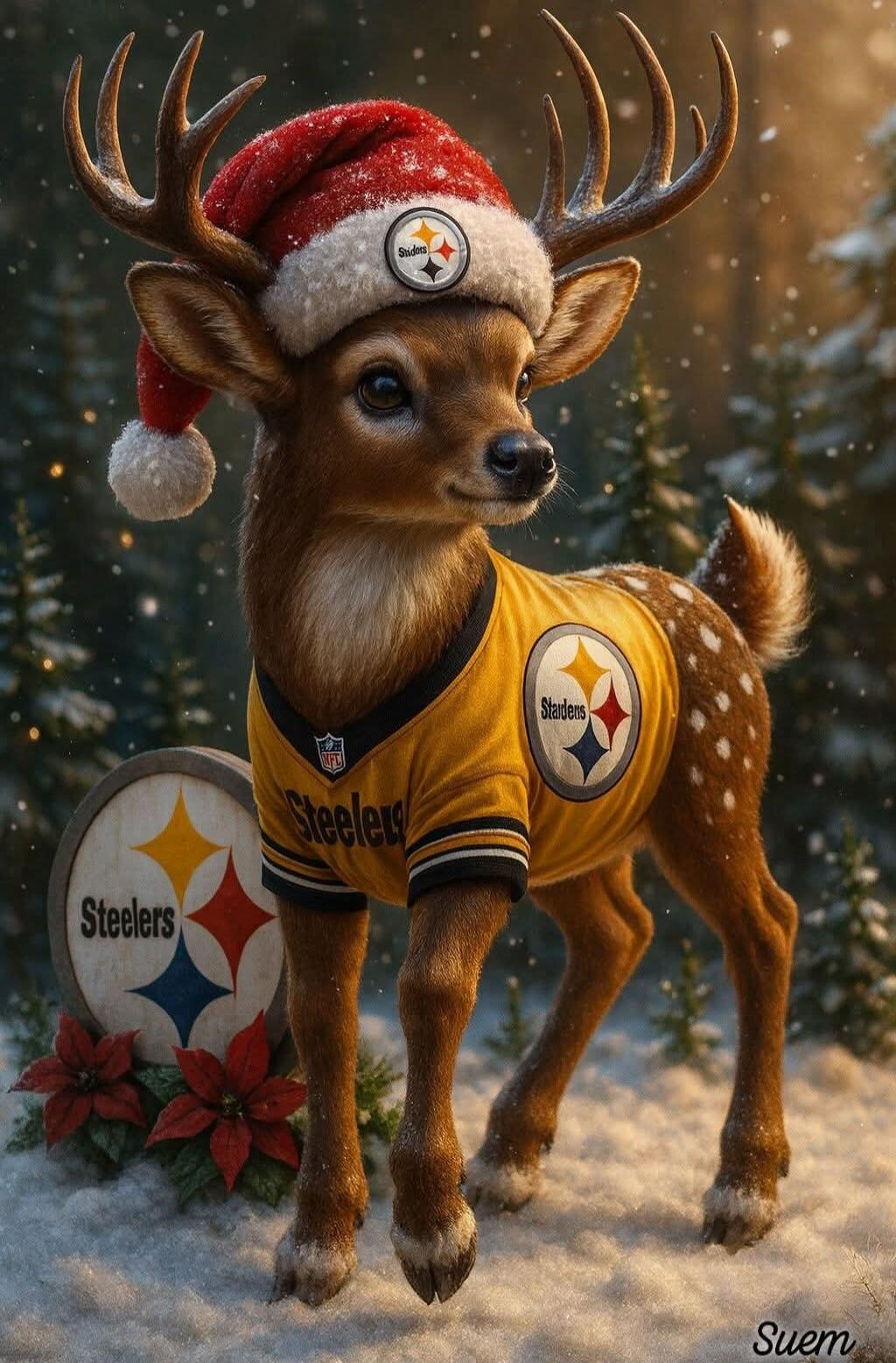 Stealers (Steelers) on jersey and round sign; Santa hat; Swem signature