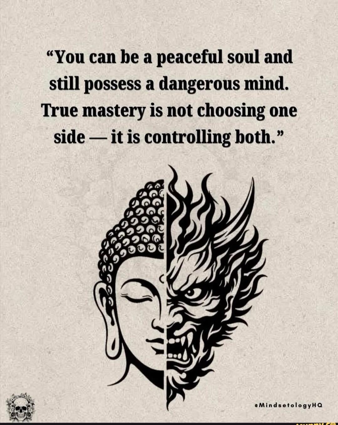 You can be a peaceful soul and still possess a dangerous mind. True mastery is not choosing one side — it is controlling both.