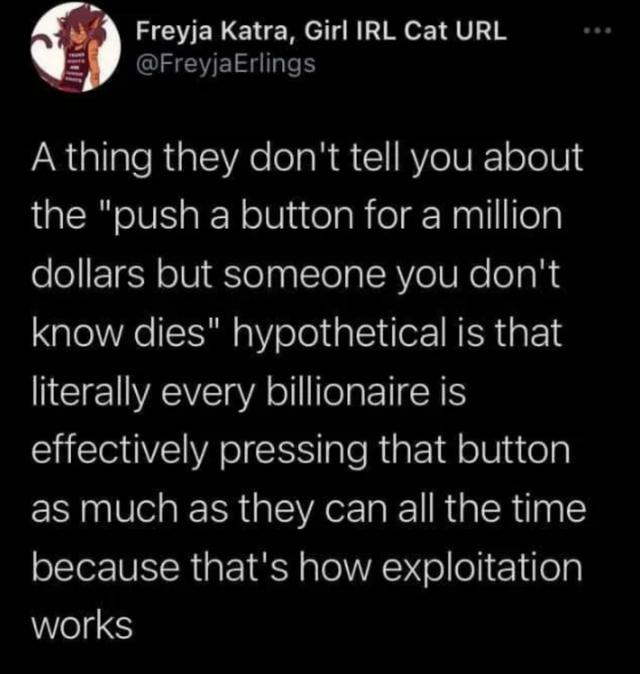 Freyja Katra Girl IRL Cat URL FreyjaErlings A thing they dont tell you about the push a button for a million dollars but someone you dont know dies hypothetical is that literally every billionaire is EHEGEIRNEES e R EId oWlately as much as they can all the time because thats how exploitation works