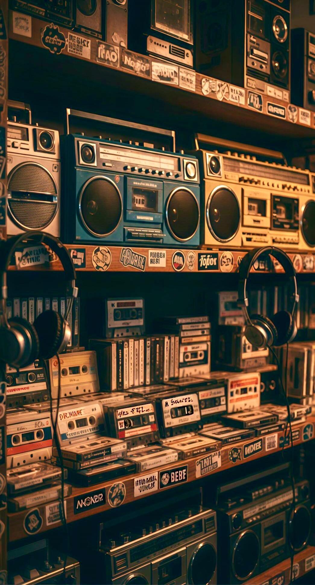 Shelves full of vintage boomboxes, cassette tapes, and stickers.