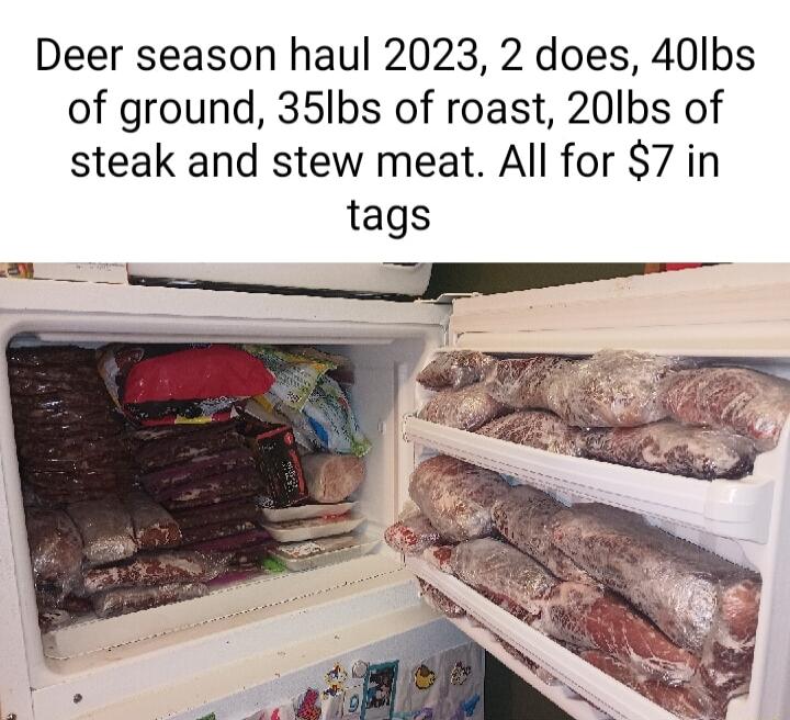 Deer season haul 2023 2 does 40lbs of ground 35Ibs of roast 20lbs of steak and stew meat All for 7 in tags
