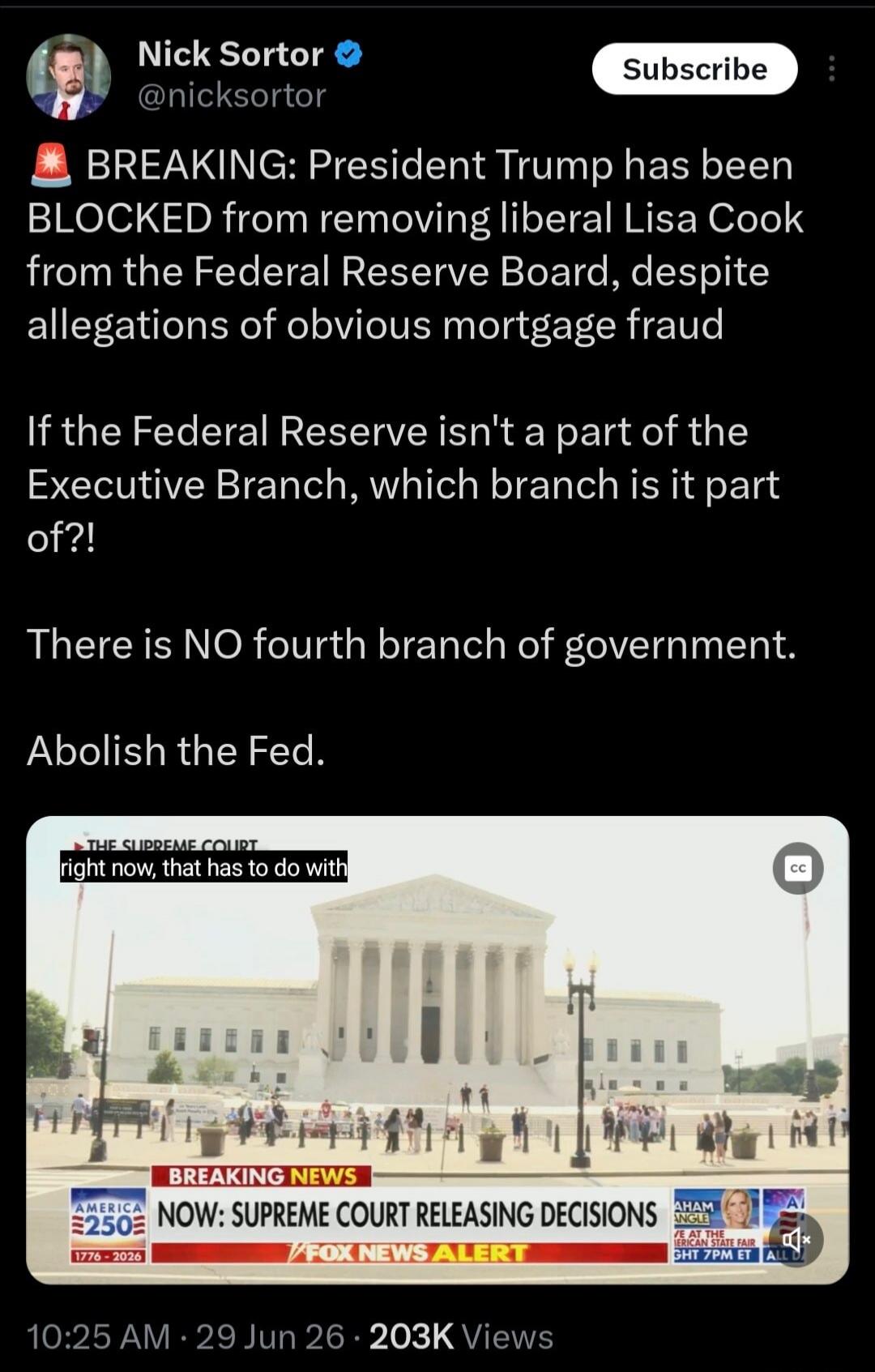 BREAKING: President Trump has been BLOCKED from removing liberal Lisa Cook from the Federal Reserve Board, despite allegations of obvious mortgage fraud. If the Federal Reserve isn't a part of the Executive Branch, which branch is it part of?! There is NO fourth branch of government. Abolish the Fed. THE SUPREME COURT right now, that has to do with