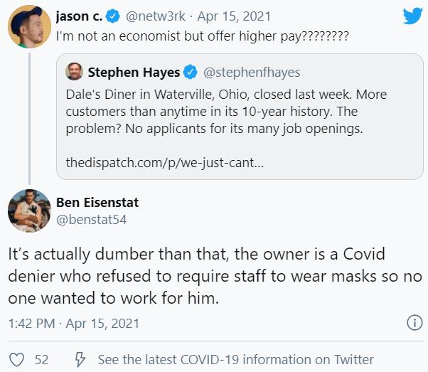 jason c netw3rk Apr 15 2021 L 4 Im not an economist but offer higher pay222222 Stephen Hayes stephenfhayes Dales Diner in Waterville Ohio closed last week More customers than anytime in its 10 year history The problem No applicants for its many job openings thedispatchcompwe just cant Ben Eisenstat benstats54 Its actually dumber than that the owner is a Covid denier who refused to require staff to