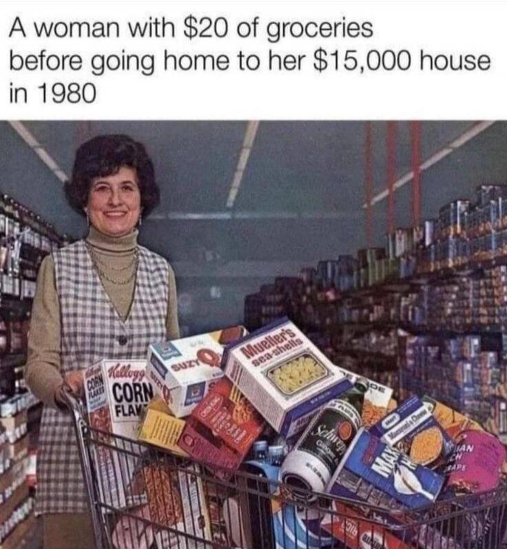 A woman with $20 of groceries before going home to her $15,000 house in 1980