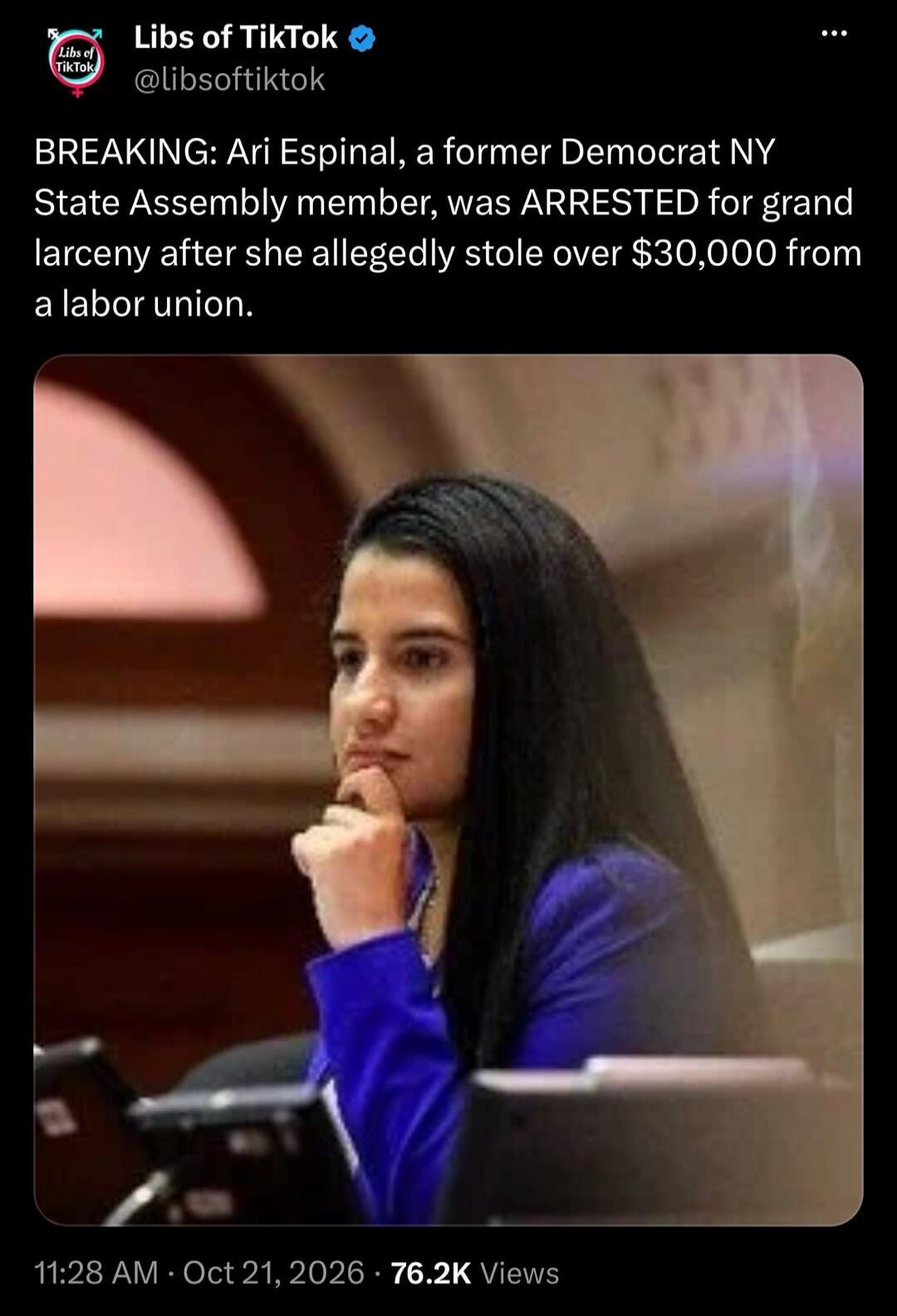 BREAKING: Ari Espinal, a former Democrat NY State Assembly member, was ARRESTED for grand larceny after she allegedly stole over $30,000 from a labor union.