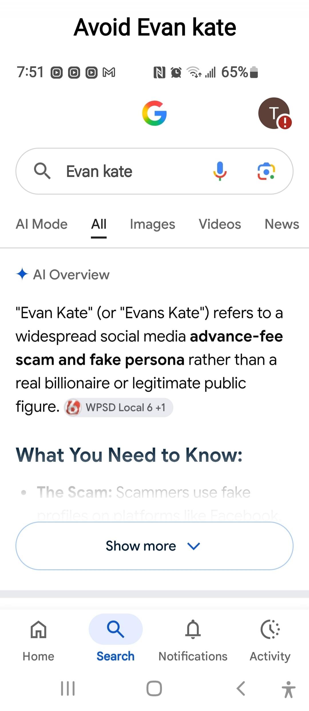Avoid Evan Kate. Search for Evan Kate. AI Overview: 