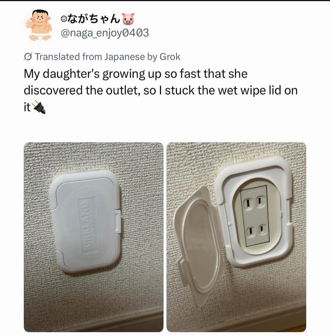 My daughter's growing up so fast that she discovered the outlet, so I stuck the wet wipe lid on it 🔌