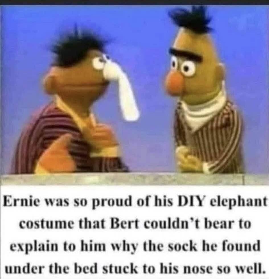Ernie was so proud of his DIY elephant costume that Bert couldn't bear to explain to him why the sock he found under the bed stuck to his nose so well.