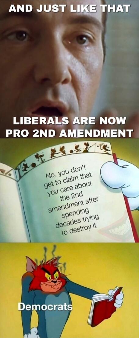 AND JUST LIKE THAT
LIBERALS ARE NOW PRO 2ND AMENDMENT
No, you don't get to claim that you care about the 2nd amendment after spending decades trying to destroy it
Democrats
