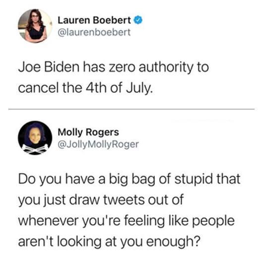 Lauren Boebert laurenboebert Joe Biden has zero authority to cancel the 4th of July Q Molly Rogers bt JollyMollyRoger Do you have a big bag of stupid that you just draw tweets out of whenever youre feeling like people arent looking at you enough
