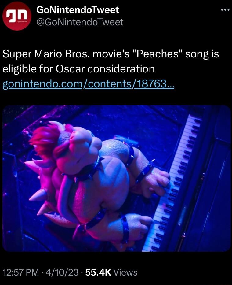 GoNintendoTweet GoNintendoTweet Super Mario Bros movies Peaches song is eligible for Oscar consideration leTallnl lale o XelelnsVAelelal CInI T AL TA S I 7 1257 PM 41023 554K Views