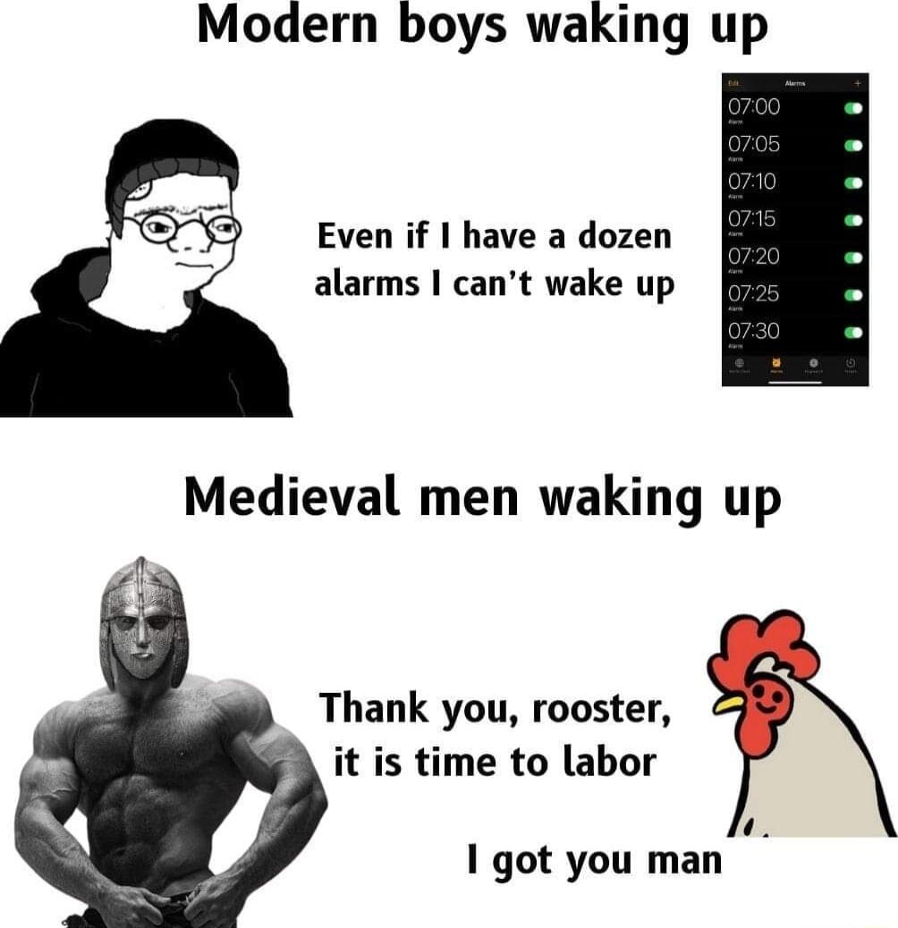 Modern boys waking up Even if have a dozen alarms cant wake up Medieval men waking up Thank you rooster it is time to labor i I got you man