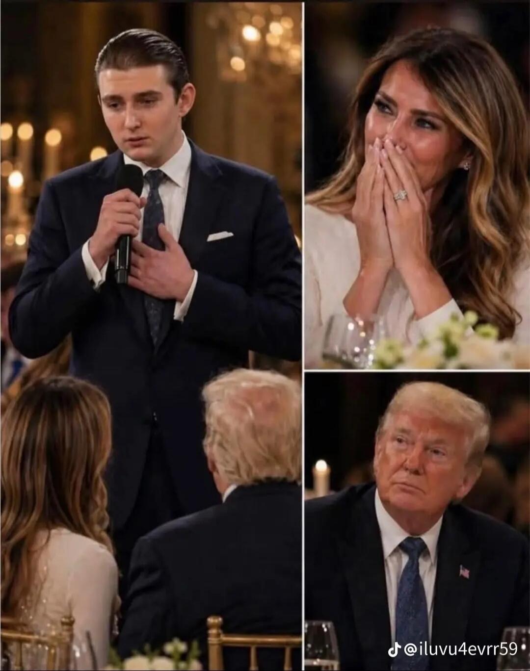 A young man speaks into a microphone at a formal event. A woman covers her mouth, appearing emotional. Another man looks on seriously.