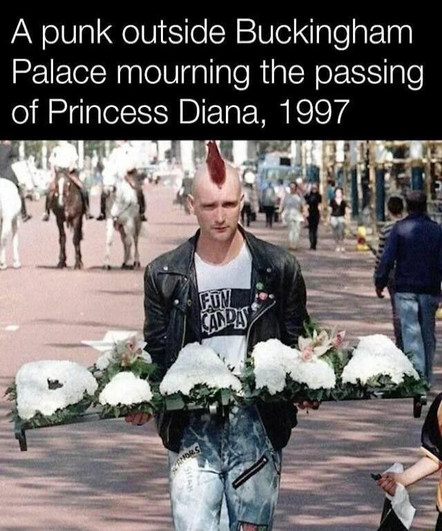 A punk outside Buckingham Palace mourning the passing of Princess Diana, 1997
