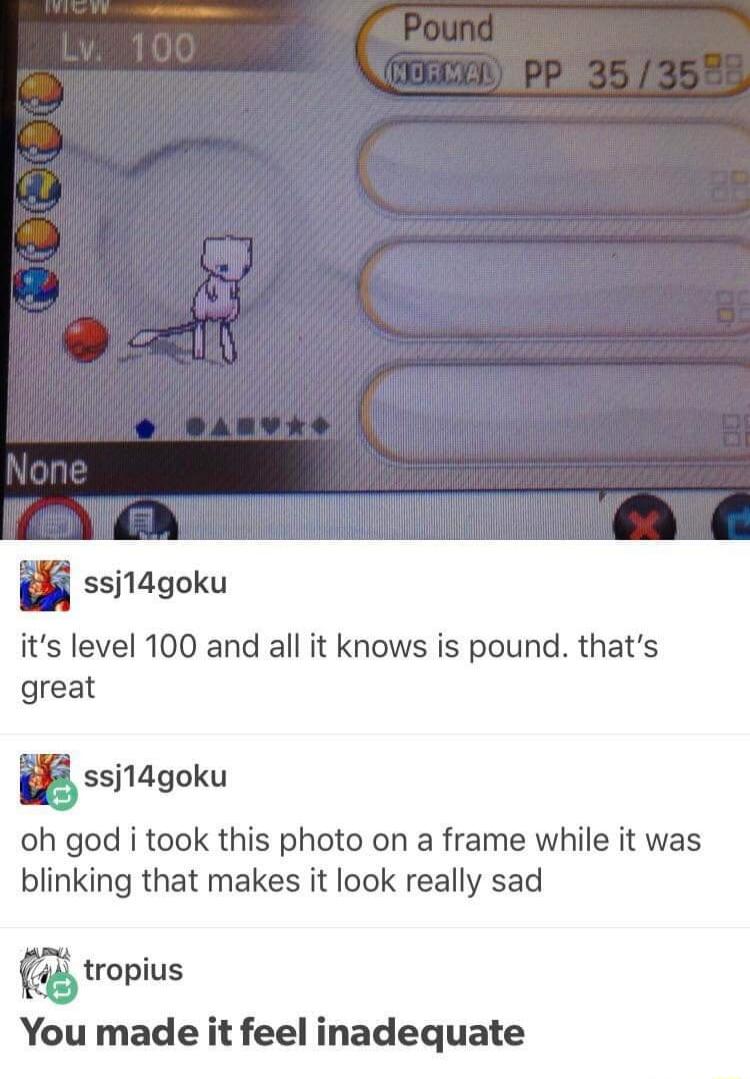 ssjl4goku its level 100 and all it knows is pound thats great Bssjltlgoku oh god i took this photo on a frame while it was blinking that makes it look really sad ctmpius You made it feel inadequate